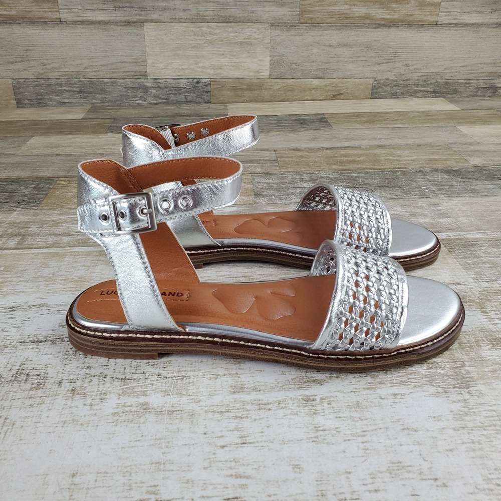 Lucky Brand Kimaya Weave Womens Sandals Sz 7.5 M Silver Adjustable Ankle Strap